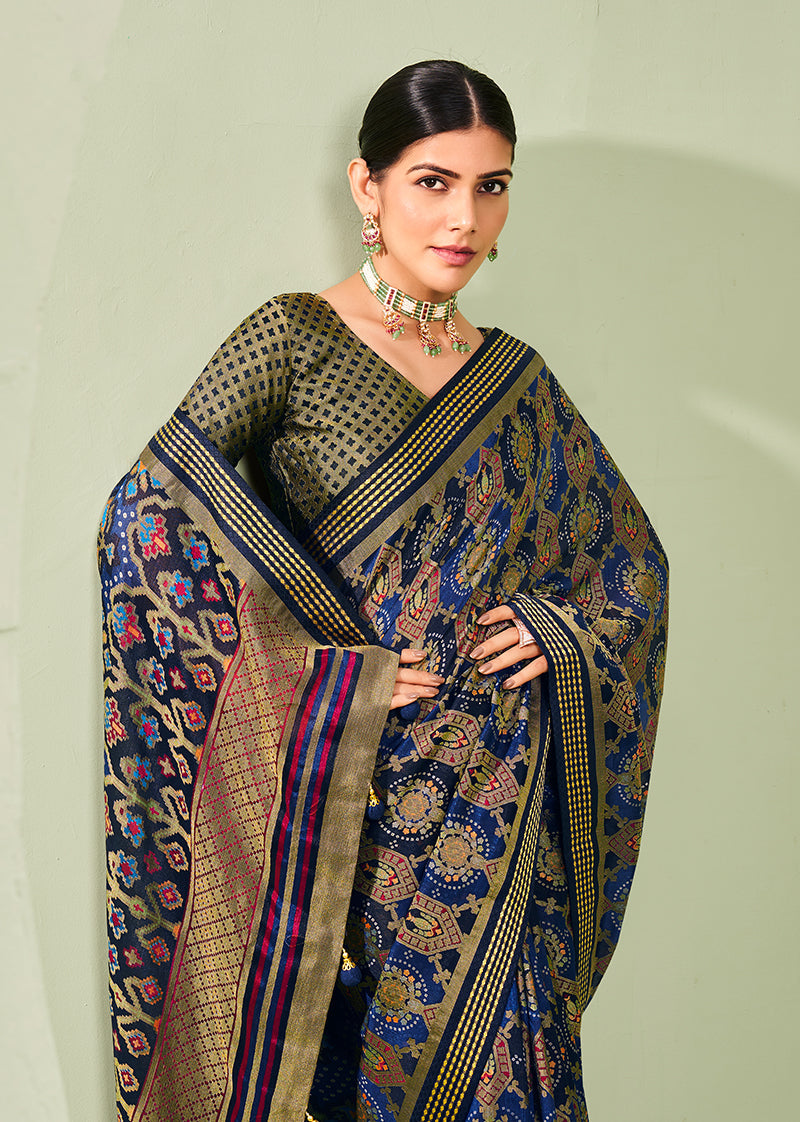 Monjolika Fashion Navy Blue Ceremonial Paisley Printed Georgette Designer Saree