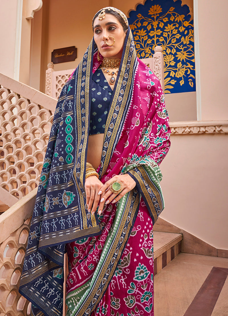 Monjolika Fashion Printed Silk Rani Pink Classic Saree