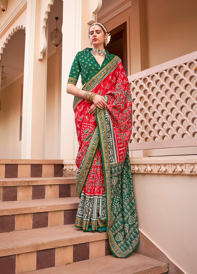 Monjolika Fashion Printed Silk Red Classic Saree