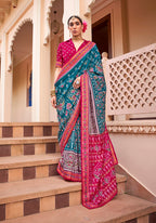 Monjolika Fashion Printed Silk Teal Blue Classic Saree