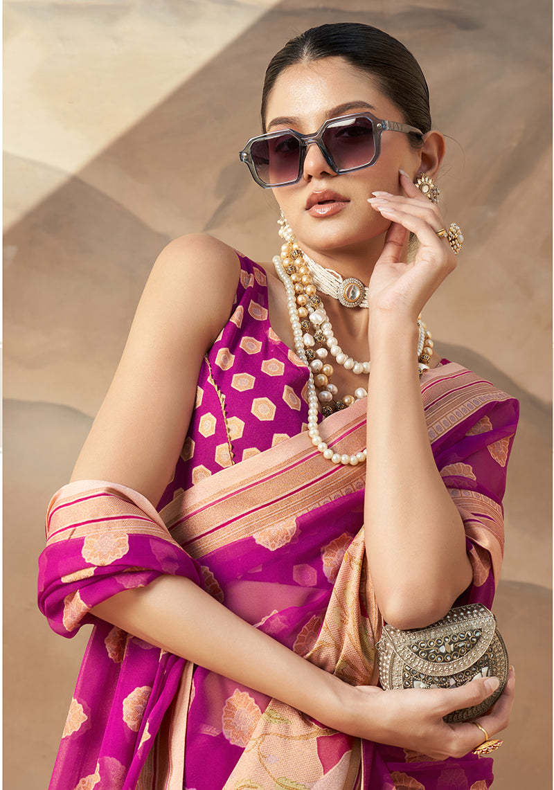 Monjolika Fashion Magenta and Rani Georgette Weaving Zari Printed Classic Saree