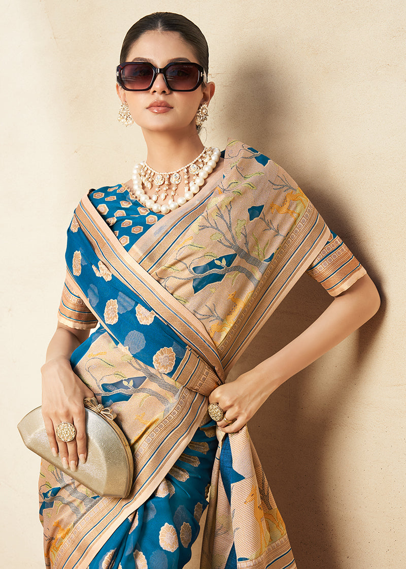 Monjolika Fashion Blue Georgette Weaving Zari Printed Classic Saree