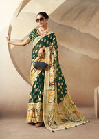 Monjolika Fashion Dark Green Georgette Weaving Zari Printed Classic Saree