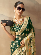Monjolika Fashion Dark Green Georgette Weaving Zari Printed Classic Saree