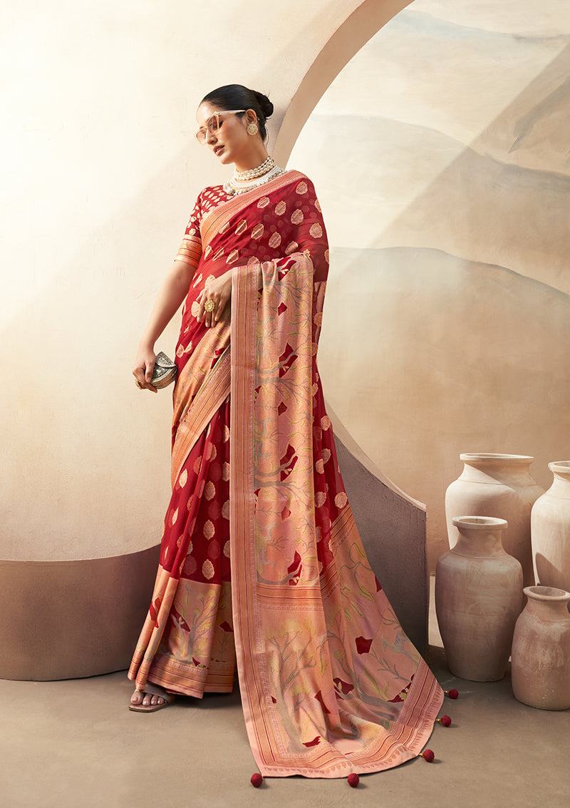 Monjolika Fashion Red Georgette Weaving Zari Printed Classic Saree