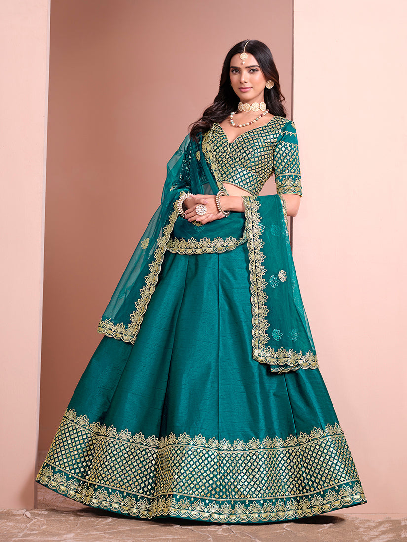 Monjolika Fashion Teal Embroidered Art Silk Designer Lehenga Choli