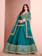 Monjolika Fashion Teal Embroidered Art Silk Designer Lehenga Choli