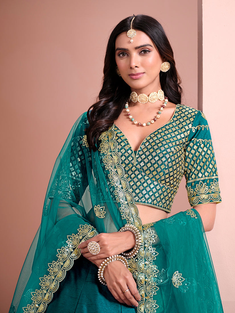 Monjolika Fashion Teal Embroidered Art Silk Designer Lehenga Choli