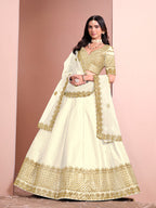 Monjolika Fashion Off White Embroidered Art Silk Designer Lehenga Choli