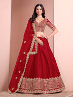 Monjolika Fashion Red Embroidered Art Silk Designer Lehenga Choli