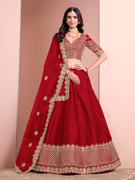Monjolika Fashion Red Embroidered Art Silk Designer Lehenga Choli