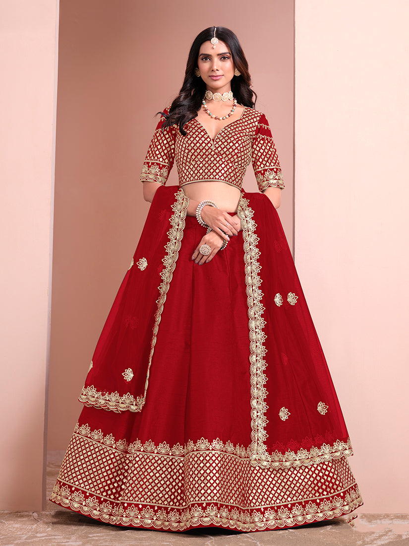 Monjolika Fashion Red Embroidered Art Silk Designer Lehenga Choli