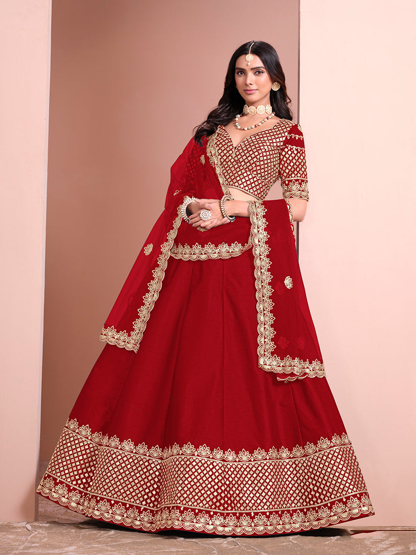 Monjolika Fashion Red Embroidered Art Silk Designer Lehenga Choli
