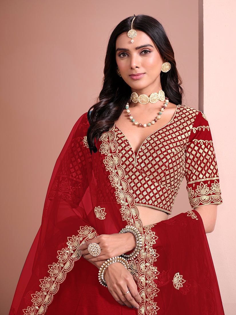 Monjolika Fashion Red Embroidered Art Silk Designer Lehenga Choli