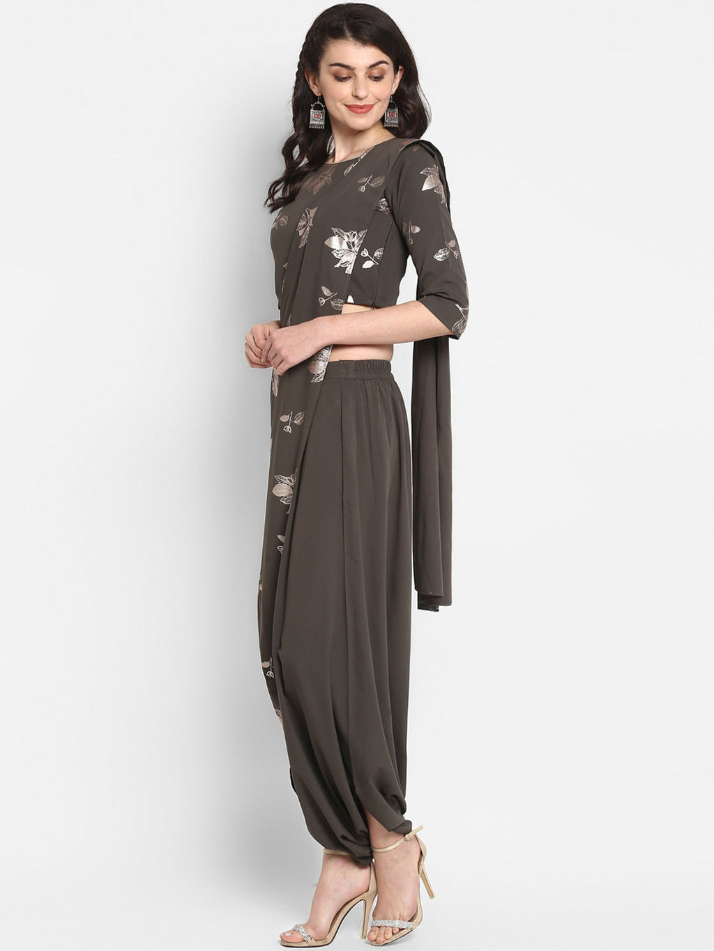 Janasya Grey & Silver Floral Print Top with Dhoti Pants & Dupatta - Distacart