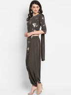 Janasya Grey & Silver Floral Print Top with Dhoti Pants & Dupatta - Distacart