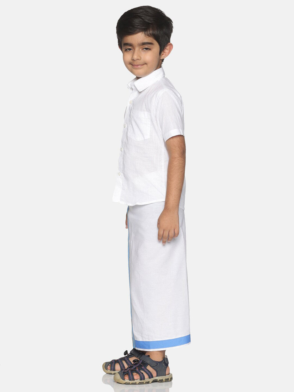 Sethukrishna White Pure Cotton Solid Shirt and Veshti Set