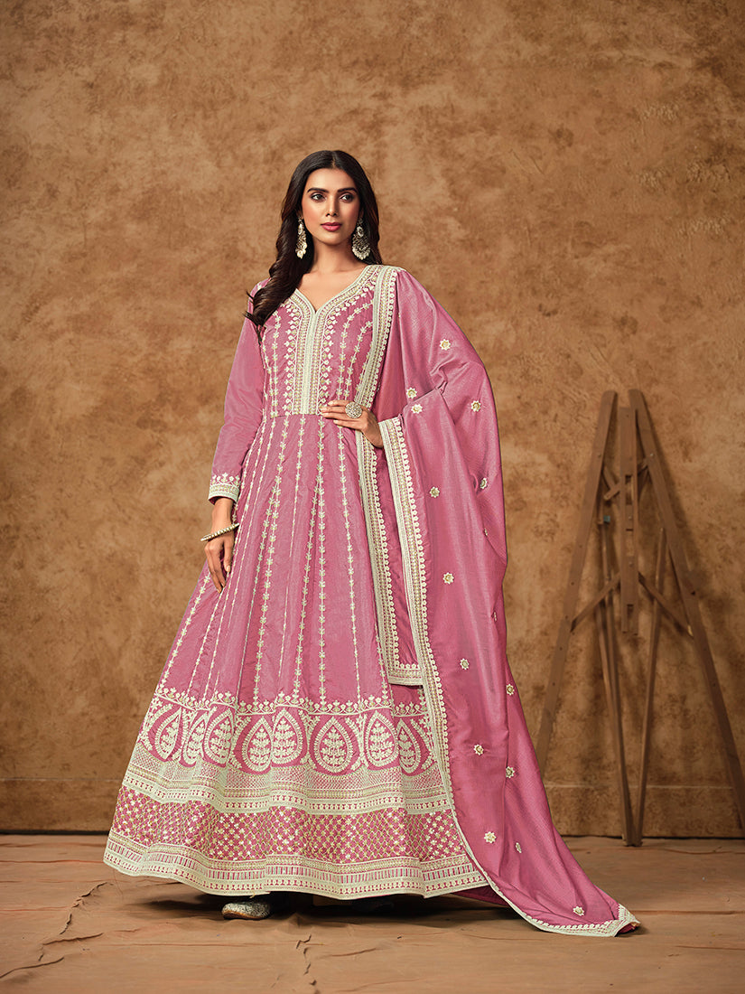 Monjolika Fashion Pink Color Embroidered Santoon Silk Salwar Suit - Distacart