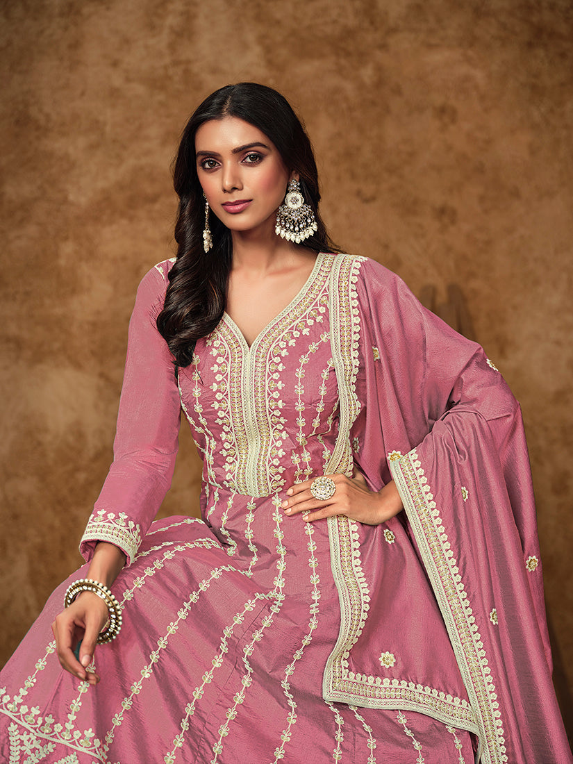 Monjolika Fashion Pink Color Embroidered Santoon Silk Salwar Suit - Distacart
