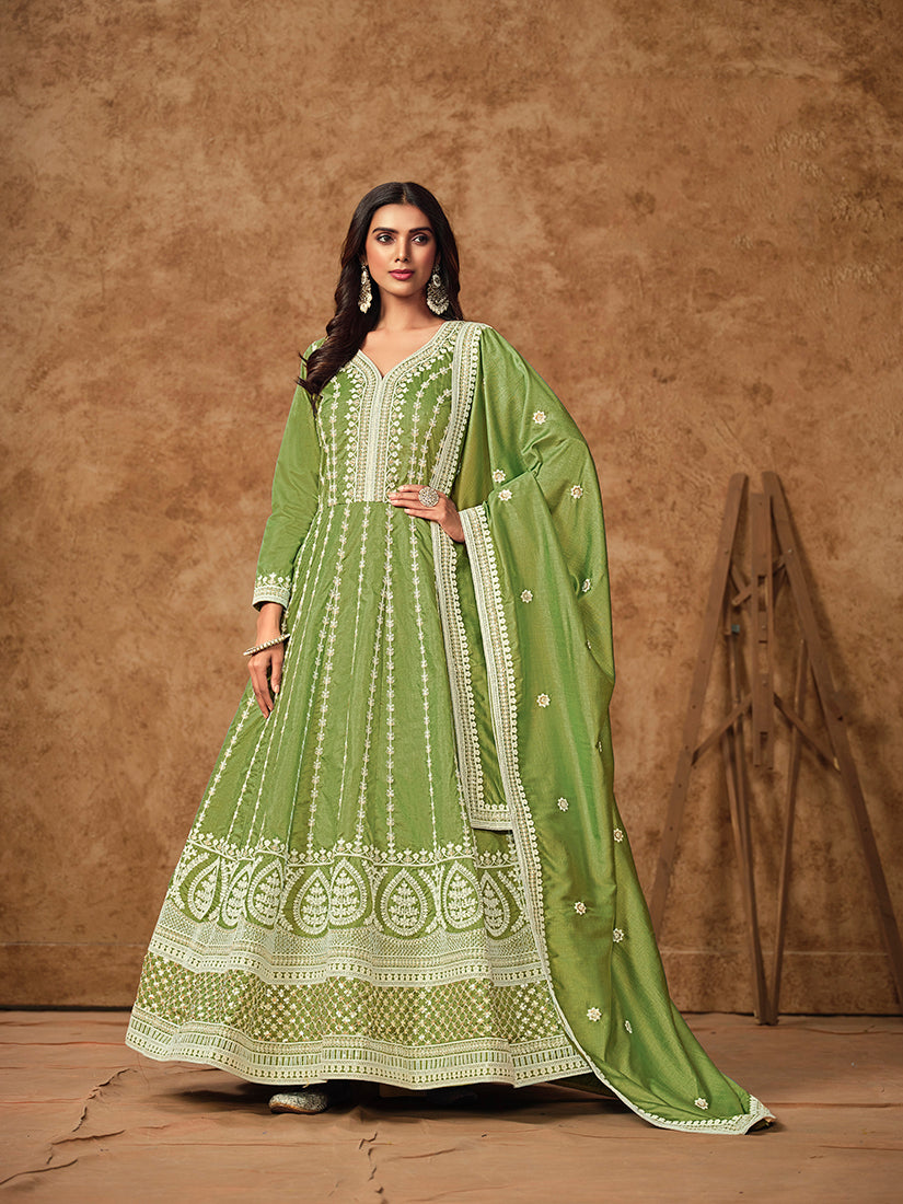 Monjolika Fashion Green Color Embroidered Santoon Silk Salwar Suit - Distacart
