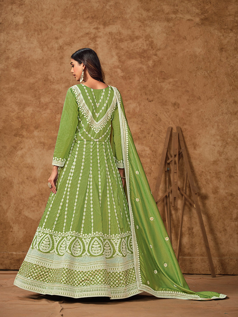 Monjolika Fashion Green Color Embroidered Santoon Silk Salwar Suit - Distacart