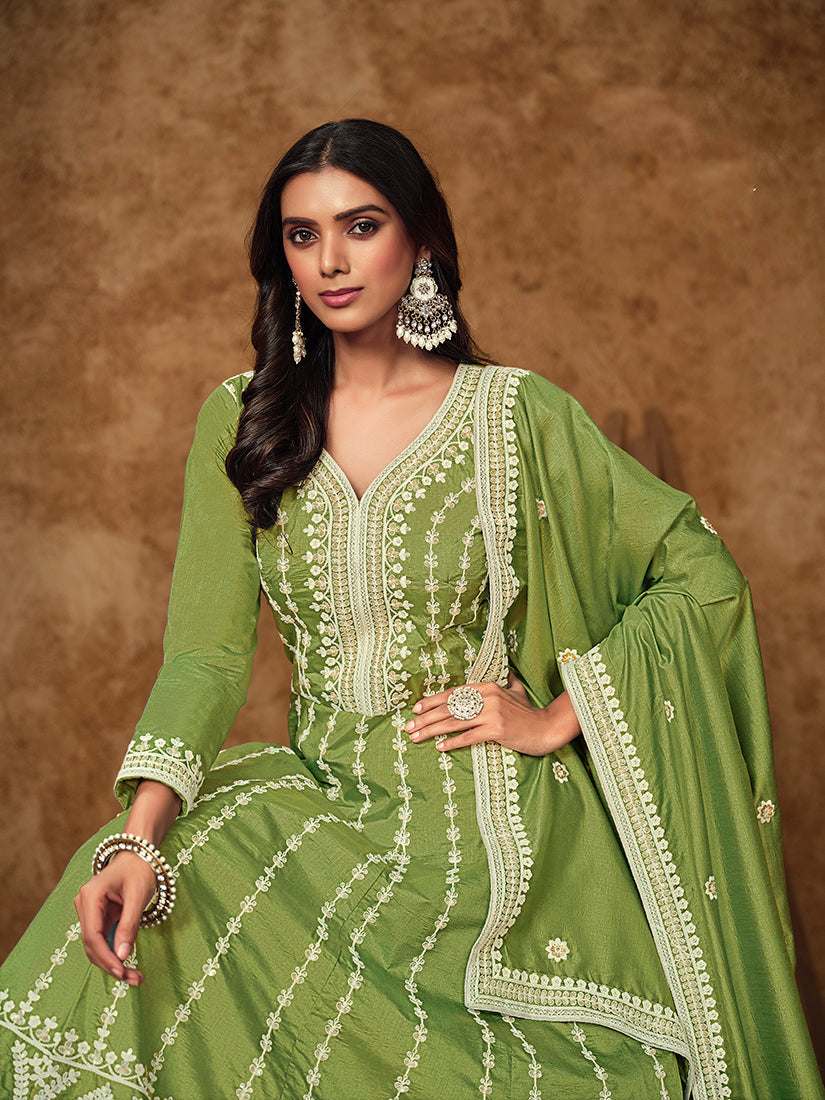 Monjolika Fashion Green Color Embroidered Santoon Silk Salwar Suit - Distacart