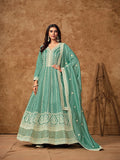 Monjolika Fashion Aqua-Blue Color Embroidered Santoon Silk Salwar Suit - Distacart