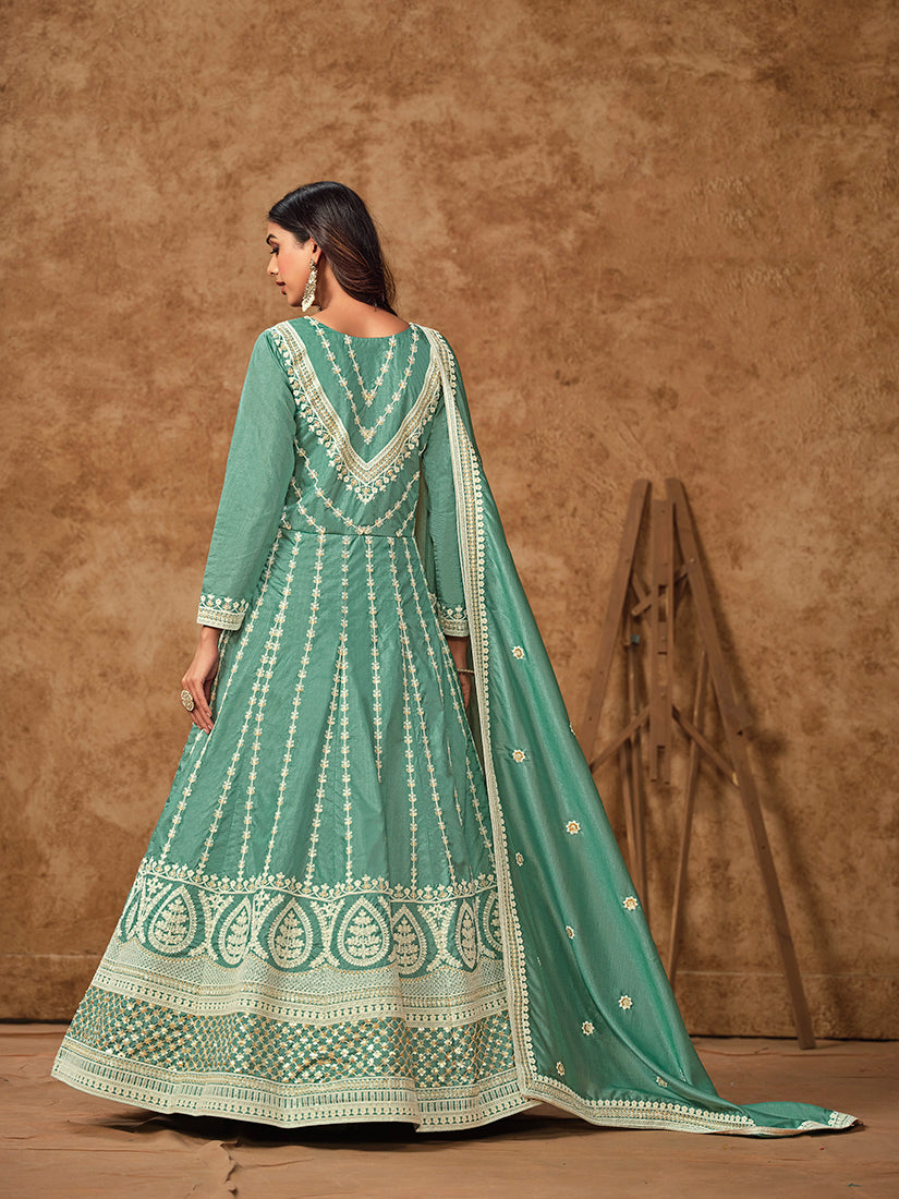 Monjolika Fashion Aqua-Blue Color Embroidered Santoon Silk Salwar Suit - Distacart