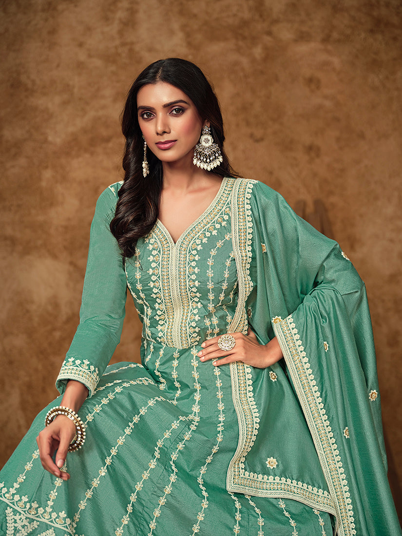 Monjolika Fashion Aqua-Blue Color Embroidered Santoon Silk Salwar Suit - Distacart