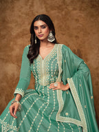 Monjolika Fashion Aqua-Blue Color Embroidered Santoon Silk Salwar Suit - Distacart