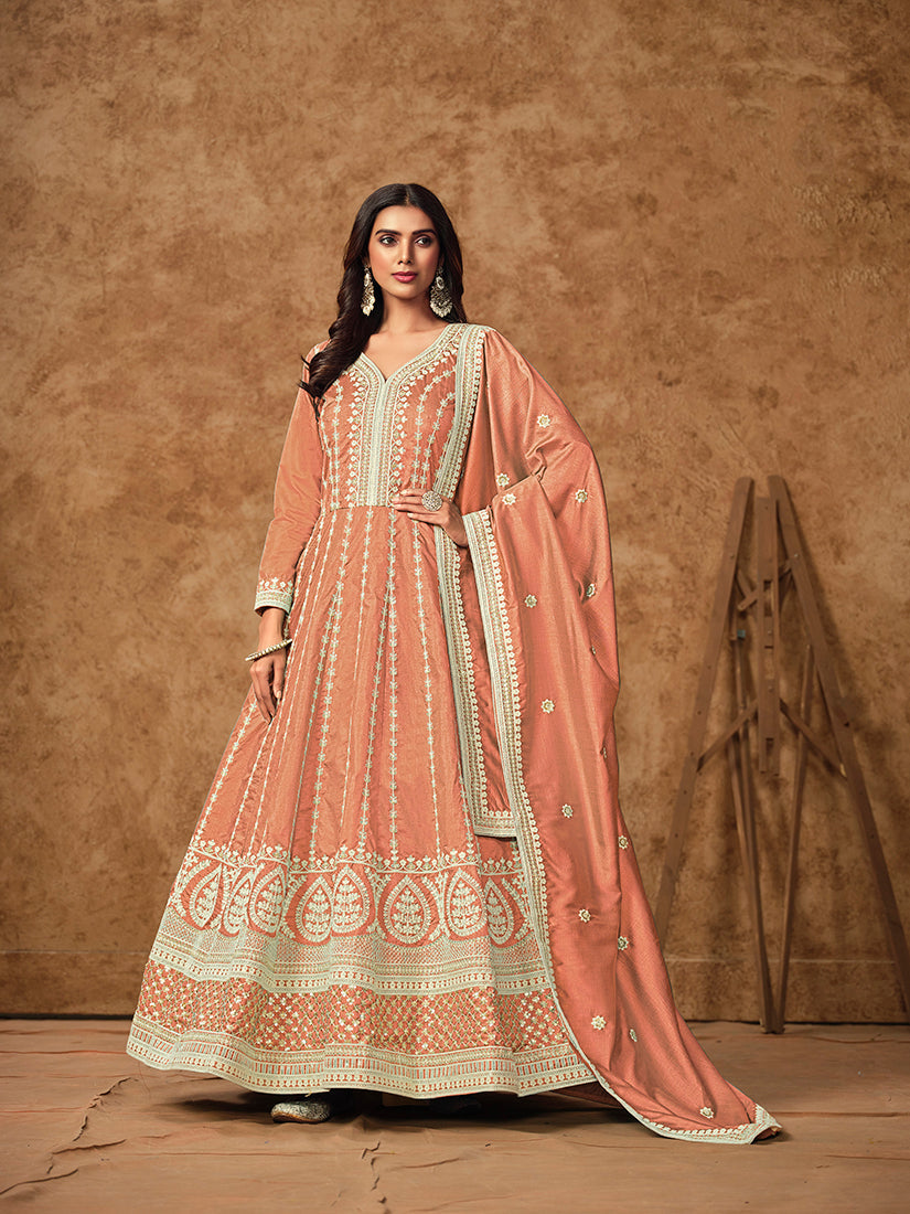 Monjolika Fashion Peach Color Embroidered Santoon Silk Salwar Suit - Distacart