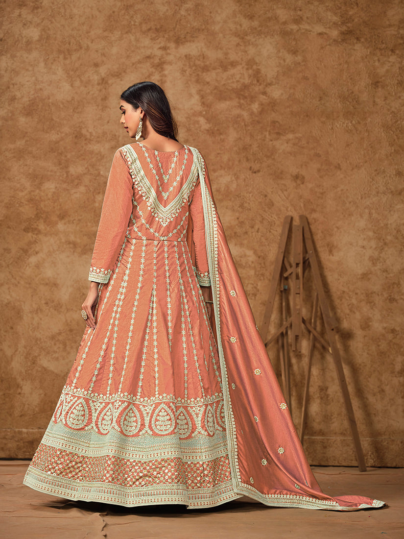 Monjolika Fashion Peach Color Embroidered Santoon Silk Salwar Suit - Distacart