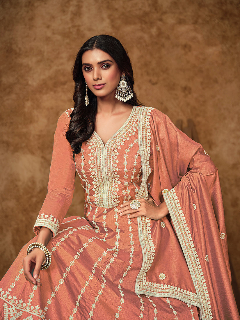 Monjolika Fashion Peach Color Embroidered Santoon Silk Salwar Suit - Distacart