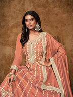 Monjolika Fashion Peach Color Embroidered Santoon Silk Salwar Suit - Distacart
