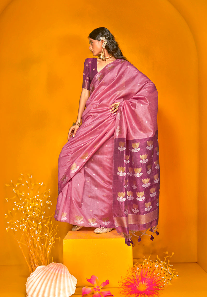 Monjolika Fashion Onion Pink Handloom Silk Weaving Zari Designer Saree