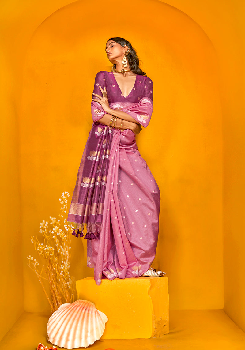 Monjolika Fashion Onion Pink Handloom Silk Weaving Zari Designer Saree