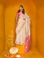 Monjolika Fashion Cream Handloom Silk Weaving Zari Designer Saree - Distacart