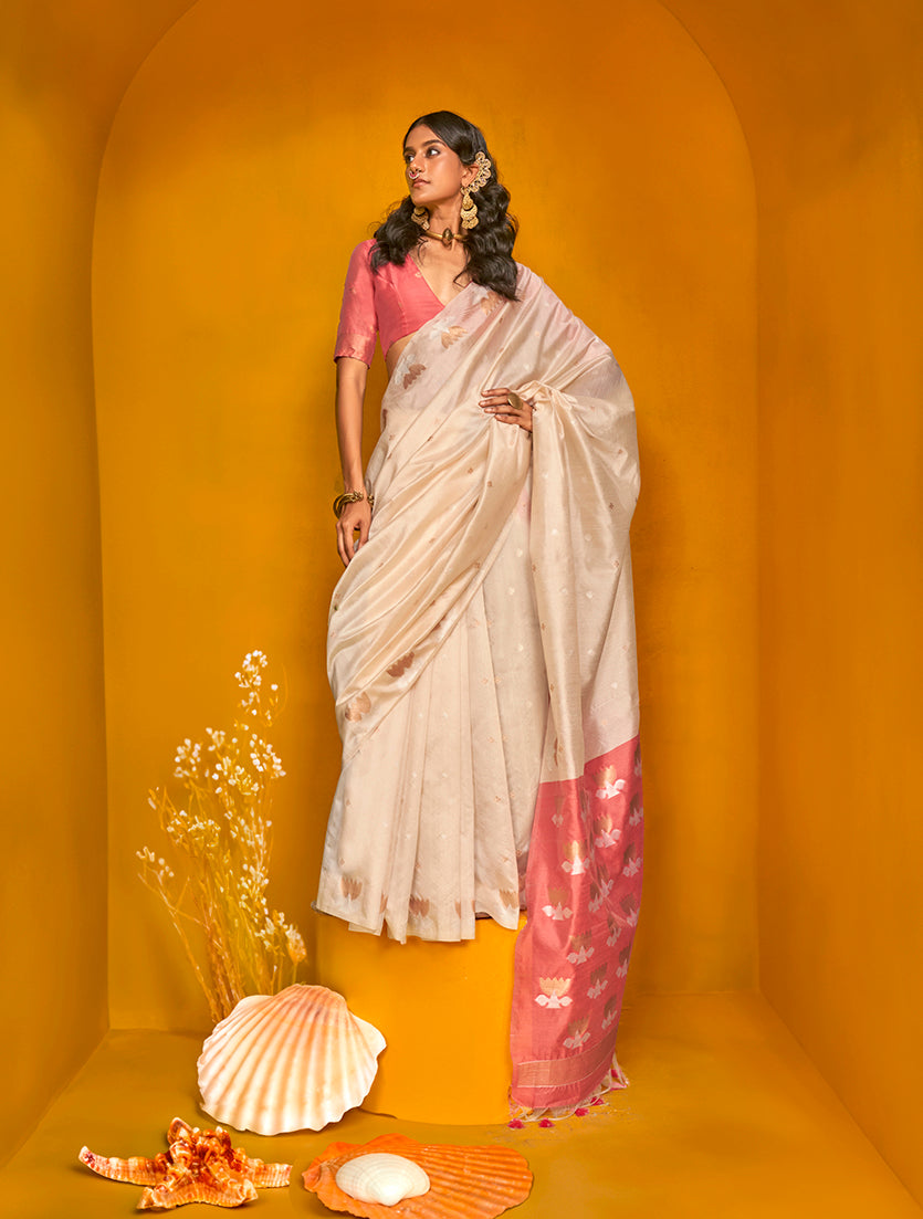 Monjolika Fashion Cream Handloom Silk Weaving Zari Designer Saree - Distacart