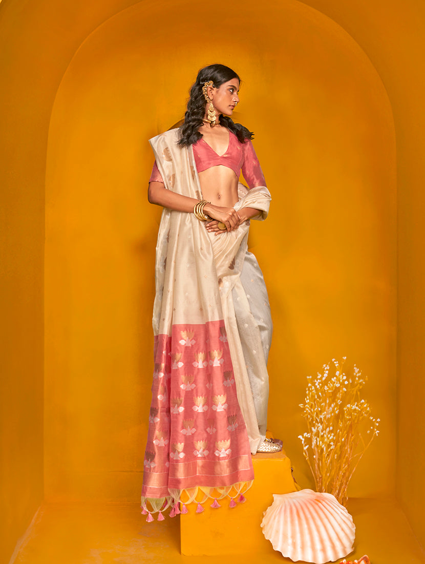 Monjolika Fashion Cream Handloom Silk Weaving Zari Designer Saree - Distacart