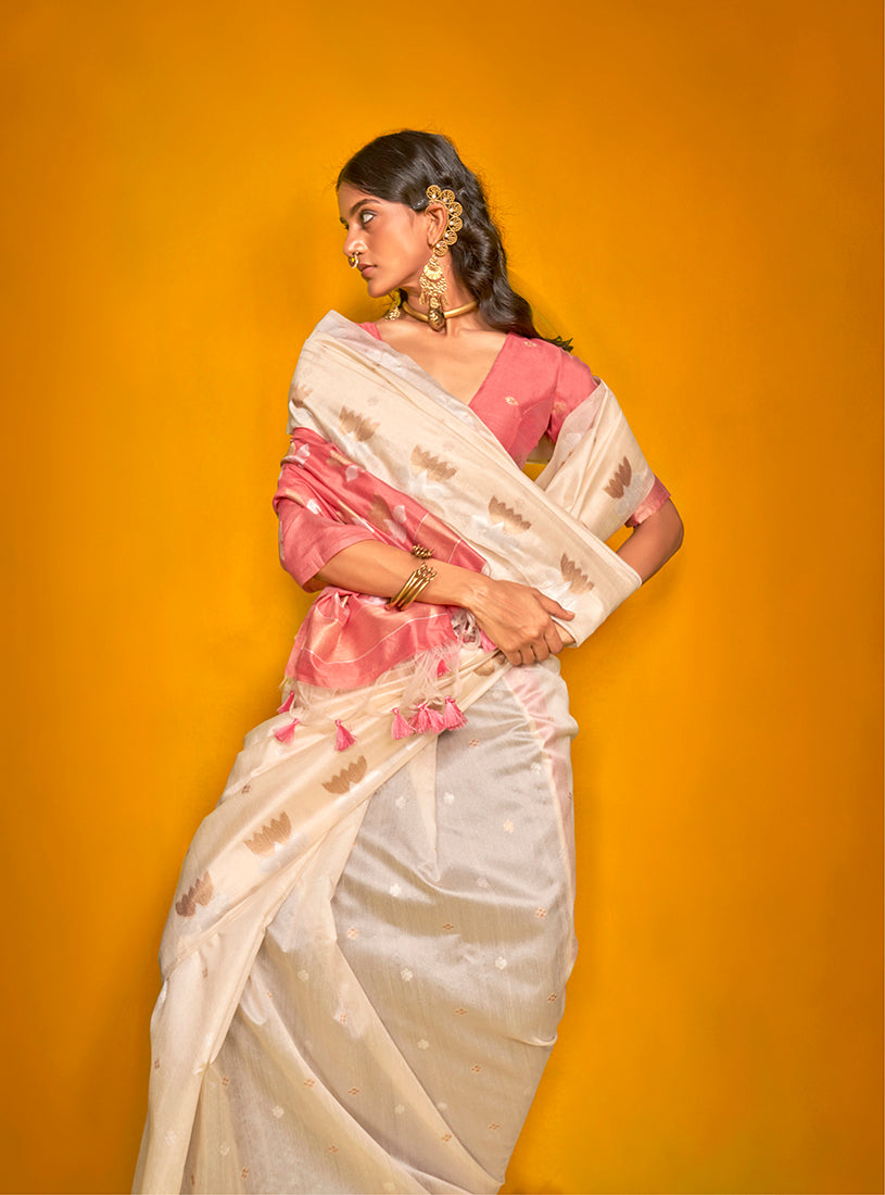 Monjolika Fashion Cream Handloom Silk Weaving Zari Designer Saree - Distacart