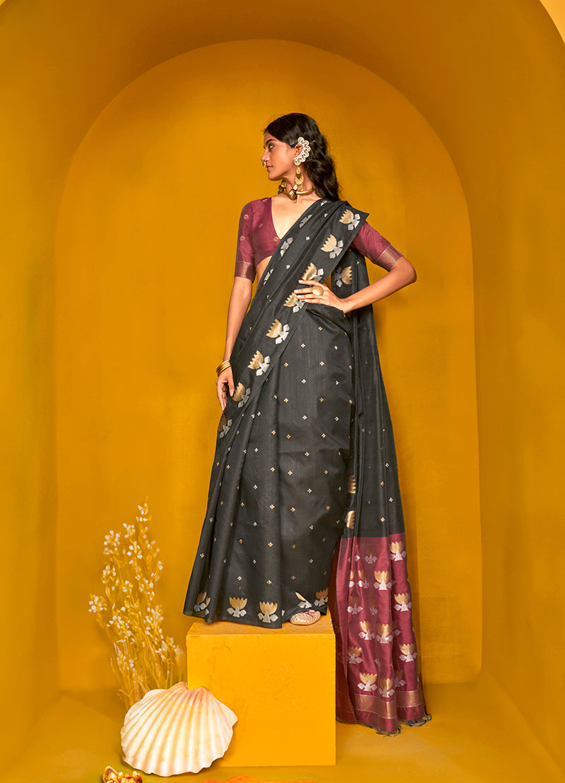Monjolika Fashion Black Handloom Silk Weaving Zari Designer Saree - Distacart
