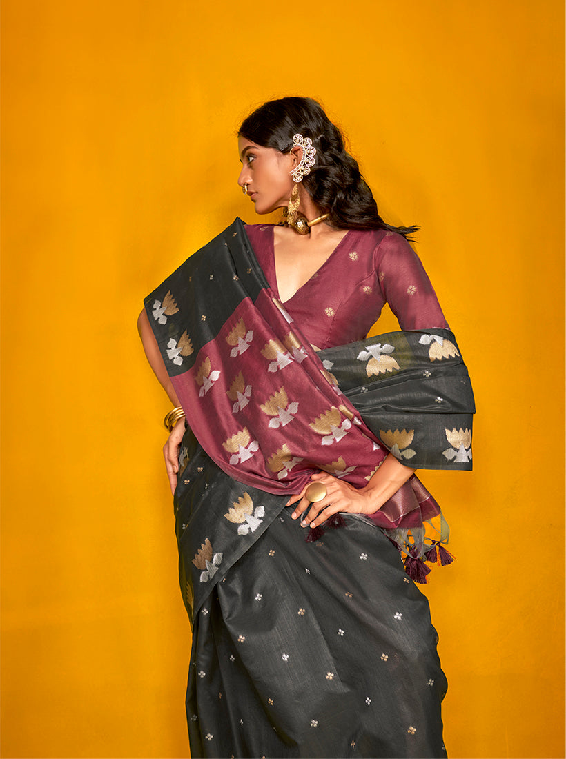 Monjolika Fashion Black Handloom Silk Weaving Zari Designer Saree - Distacart
