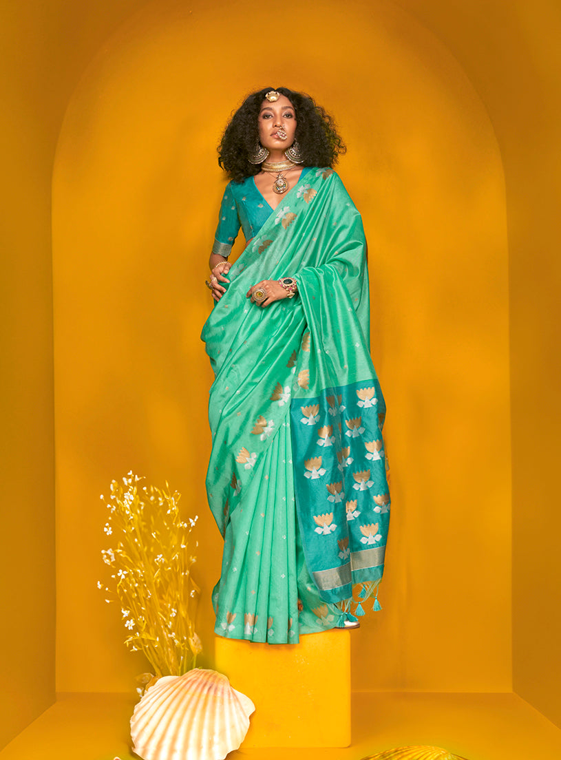 Monjolika Fashion Sea Green Handloom Silk Weaving Zari Designer Saree - Distacart