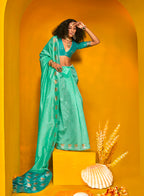 Monjolika Fashion Sea Green Handloom Silk Weaving Zari Designer Saree - Distacart