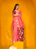 Monjolika Fashion Peach Handloom Silk Weaving Zari Designer Saree - Distacart