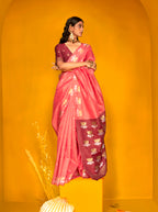 Monjolika Fashion Peach Handloom Silk Weaving Zari Designer Saree - Distacart