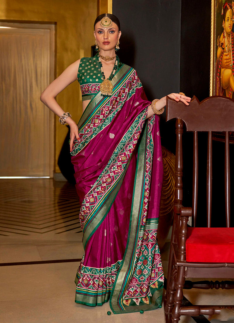 Monjolika Fashion Burgundy Patola Printed Silk Contemporary Saree For Ceremonial - Distacart