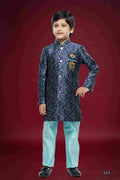 Raivat Ethnic Kids Banarasi Jacquard Woven Work Semi Indo Western Set Blue Colour