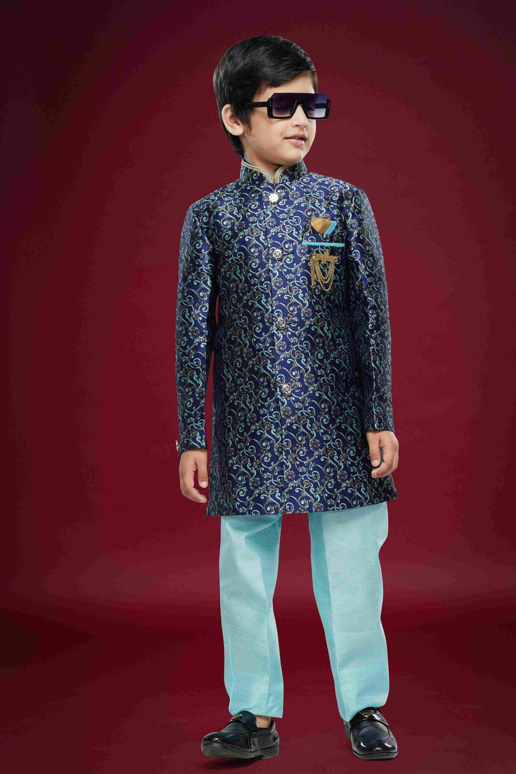 Raivat Ethnic Kids Banarasi Jacquard Woven Work Semi Indo Western Set Blue Colour