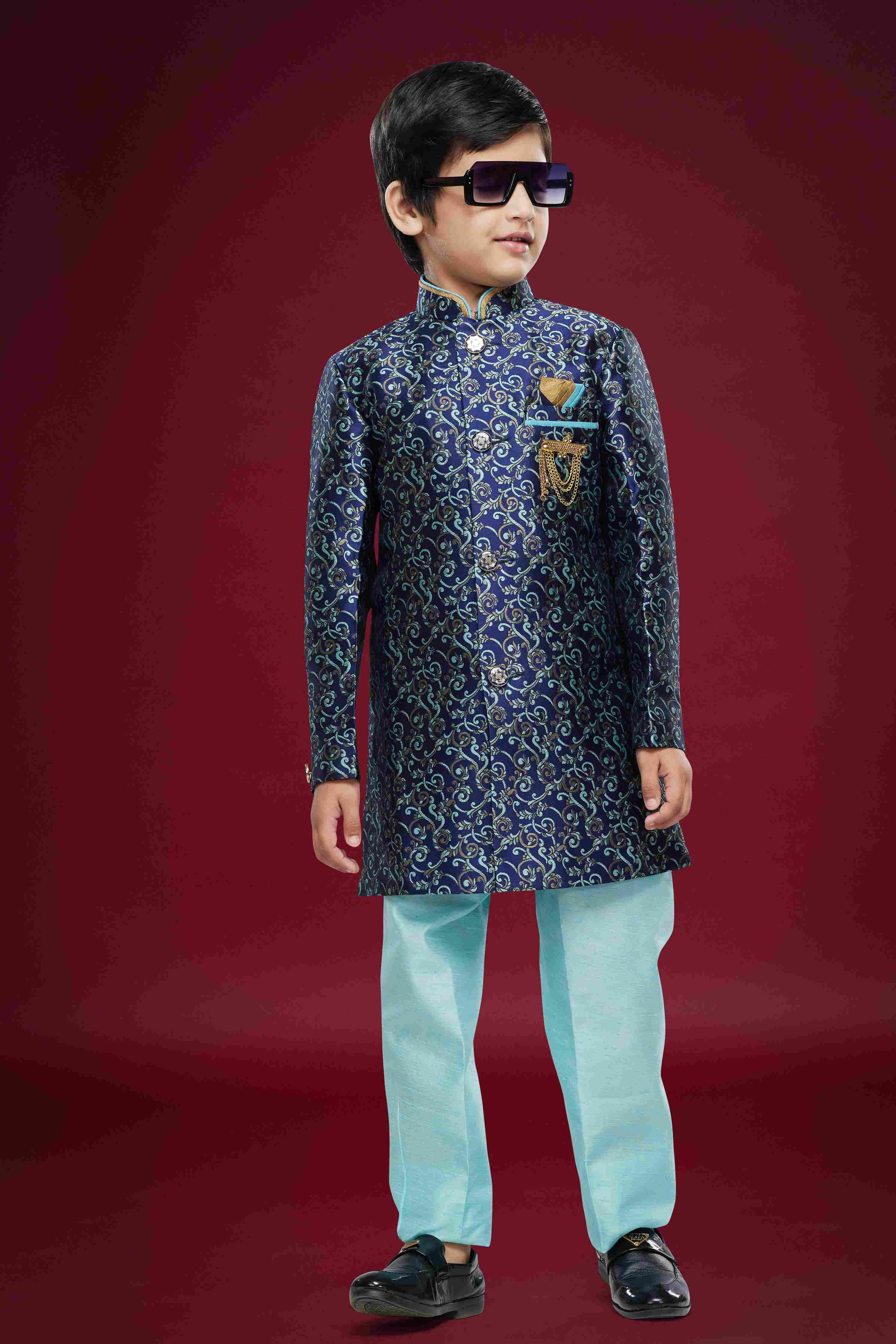 Raivat Ethnic Kids Banarasi Jacquard Woven Work Semi Indo Western Set Blue Colour